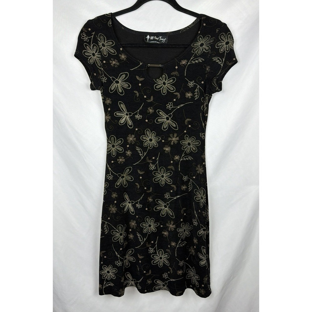 Vintage All That Jazz Floral Keyhole Black Mini Dress Whimsigoth 90s Grunge Y2K